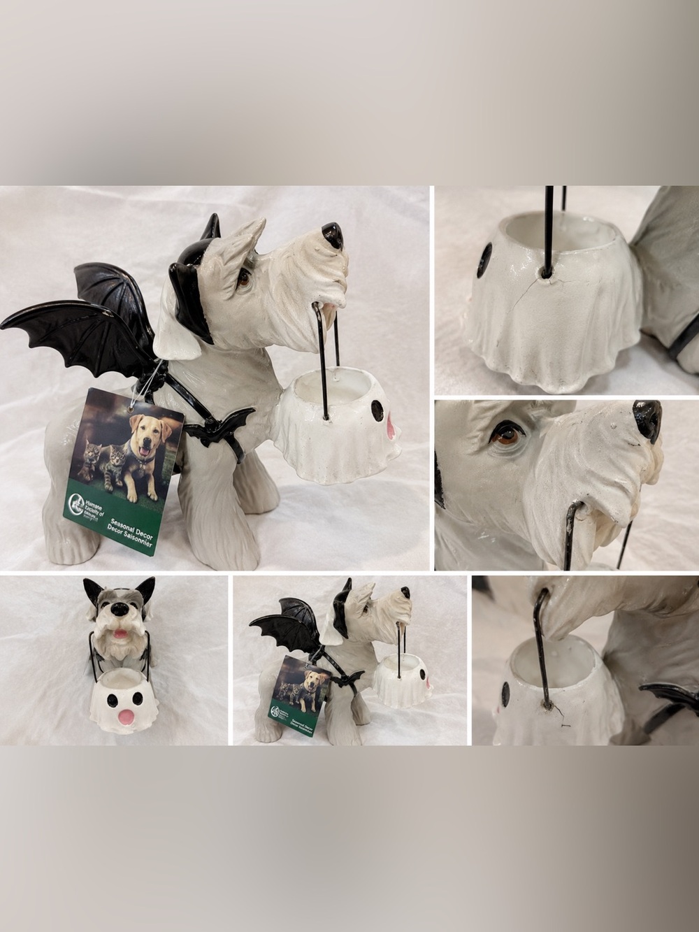 Viral Ceramic Schnauzer Dog Figurine with Bat Wings & Ghost Candy Bucket –